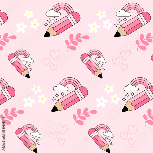 Cute Pink Pencil and Rainbow Pattern with Hearts and Flowers