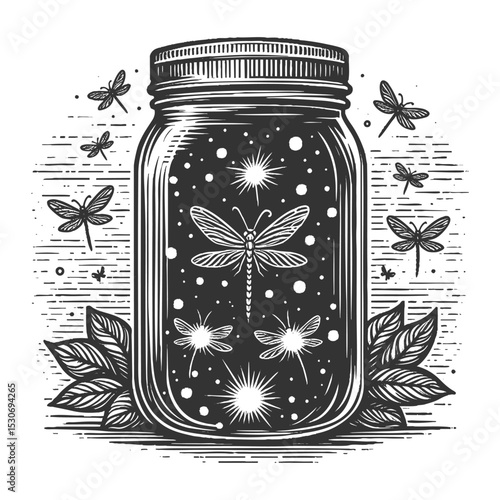 glowing fireflies inside a mason jar surrounded by leaves, with stars twinkling in the night sky sketch engraving generative ai vector illustration. Scratch board imitation. Black and white image.