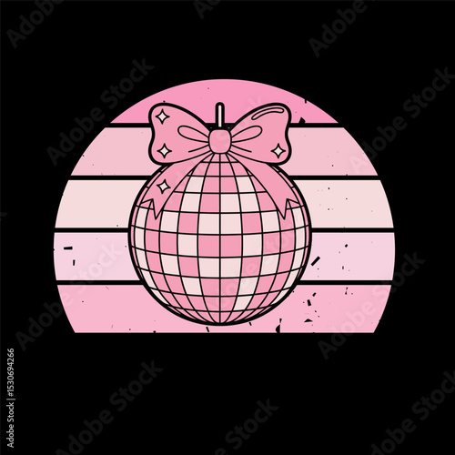 Pink Disco Ball with Bow Retro Sunset Style
