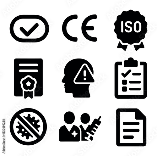 Regulatory Icons Grid. Solid, filled icons set of regulatory and safety standards: FDA approval, CE mark, ISO