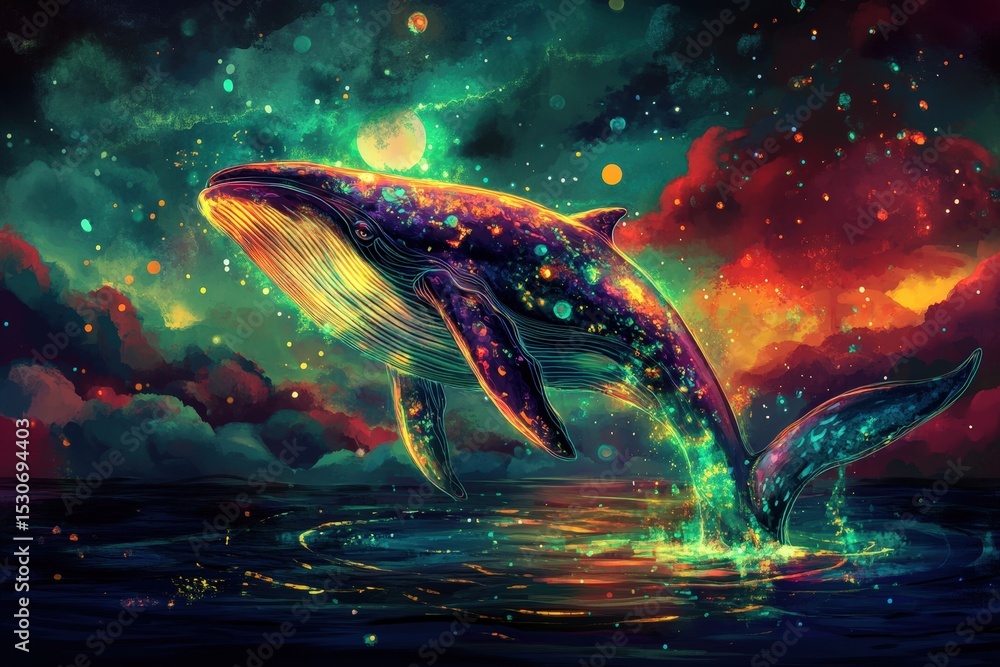 Fototapeta premium A vibrant whale leaps into a celestial sea.