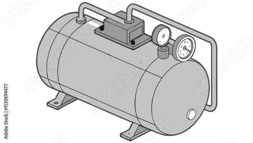 Illustration of a horizontal air compressor tank with gauges and pipework in grayscale style