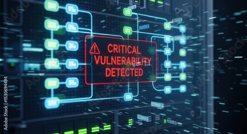 Critical vulnerability detected on server rack monitor displaying network cybersecurity threat