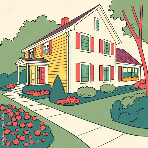 Colorful illustration of a charming house with a yellow exterior, red shutters, and a welcoming front porch surrounded by vibrant flowers and lush greenery in a serene neighborhood setting