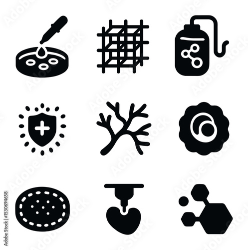 Bioprinting Icon Set. Solid, filled icons set of bioprinting and tissue engineering: cell culture, scaffold