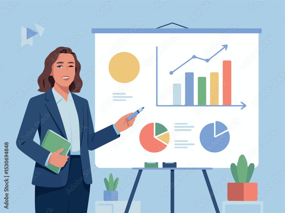 Businesswoman giving a presentation with charts and graphs showing growth and success in a modern Businesswoman giving a presentation with charts and graphs showing growth and success in a modern