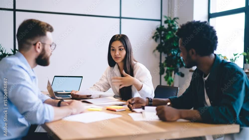 Diverse team collaborate at a table in modern office working on project strategy Diverse team collaborate at a table in modern office working on project strategy