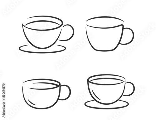 Minimalist black and white line art of four coffee cups, vector eps10 illustration