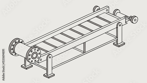 Isometric illustration of a conveyor belt system with rollers and a support structure on a light background