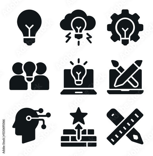 Innovation Icons Grid. Solid, filled icons set of innovation and creativity in business: light bulb,