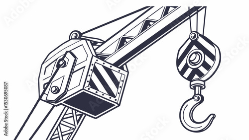 Illustration of a construction crane with a hook and boom in black and white detailed drawing