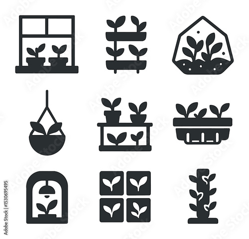 Indoor Garden Icons. Solid, filled icons set of indoor garden setups: windowsill garden, vertical planter,