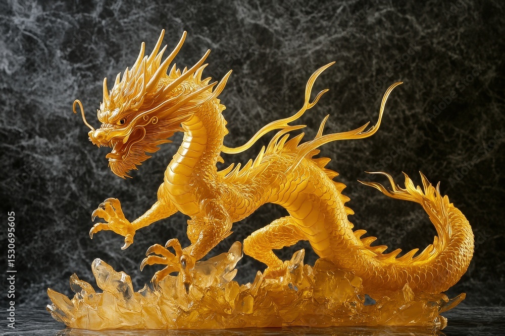 Golden dragon figurine on a crystal base. Golden dragon figurine on a crystal base.