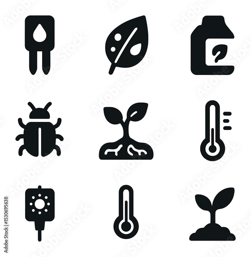 Plant Health Icons. Solid, filled icons set of plant health monitoring: moisture sensor, leaf spot, yellow