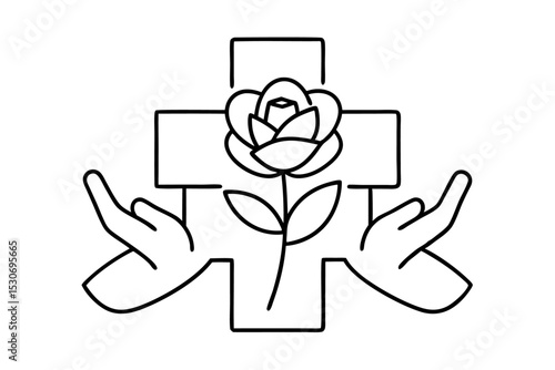 Rose enclosing plus sign held in hands isolated on transparent background