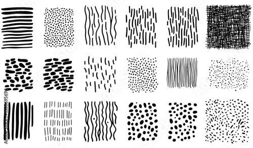 Vector illustration of abstract ink brush patterns, hand-drawn squiggle, Scandinavian elements, polka dot, lattice, minimal hatching line art, texture swatches, kids wall art, png.
