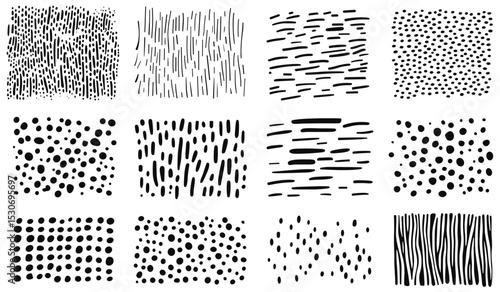 Abstract hand-drawn pattern swatches, vector illustration with Scandinavian minimal art, ink brush strokes, squiggles, polka dot texture, grunge lines, lattice design, modern decor, seamless.