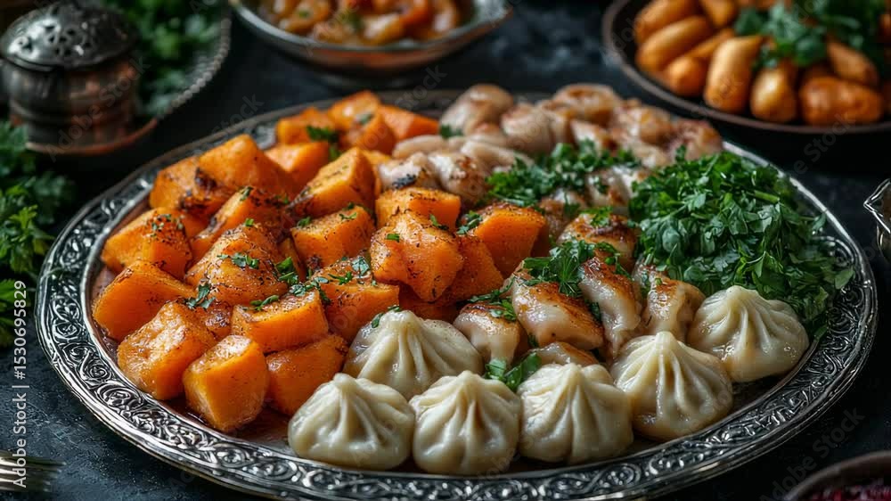 Elegant platter featuring traditional manti dumplings, roasted pumpkin and parsley Elegant platter featuring traditional manti dumplings, roasted pumpkin and parsley