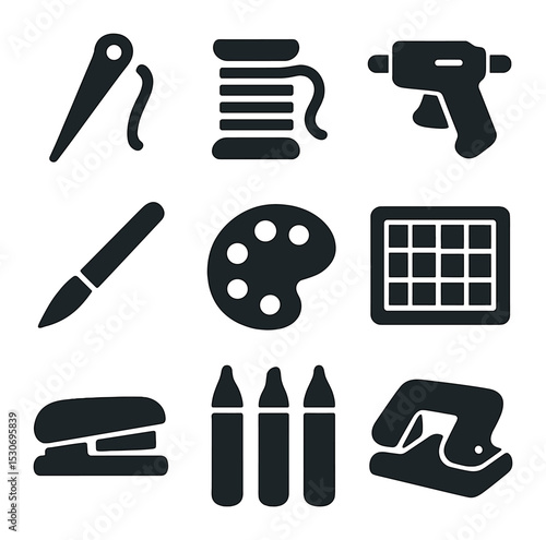 Craft Tools Icons. Solid, filled icons set of crafting tools: needle, thread, hot glue, craft knife, paint