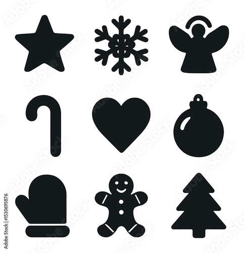 Festive Ornament Icons. Solid, filled icons set of ornament types: star, snowflake, angel, candy cane, heart,