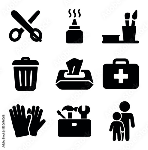 Crafting Safety Icons. Solid, filled icons set of crafting safety and cleanup: scissors safety, glue
