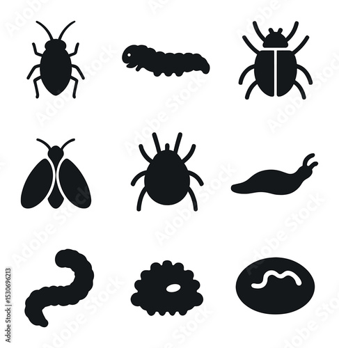 Pest Identification Icons. Solid, filled icons set of pest identification: aphid, caterpillar, beetle,