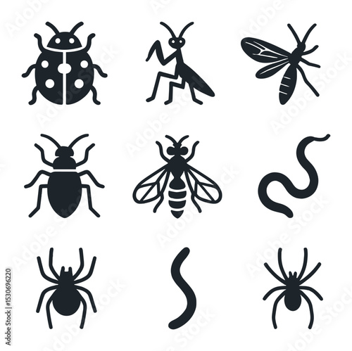 Beneficial Insects Icons. Solid, filled icons set of beneficial insects: ladybird beetle, praying mantis,