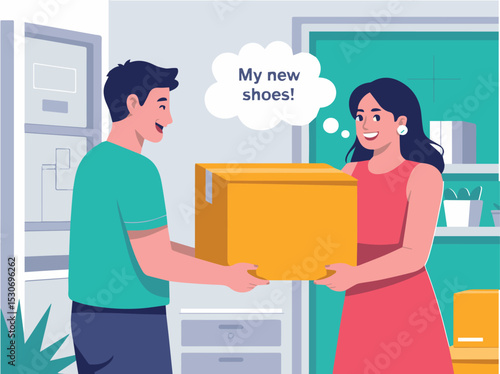 Happy woman receiving a package of new stylish shoes delivery box girl home flat order style online