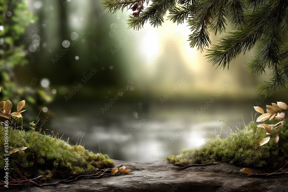 Obraz premium Lush green forest scene with tranquil water surface reflecting soft light, surrounded by mossy rocks and delicate leaves, creating a serene natural atmosphere
