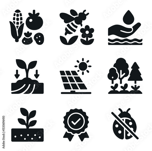 Sustainable Farming Icons. Solid, filled icons set of sustainable farming practices: crop diversity,