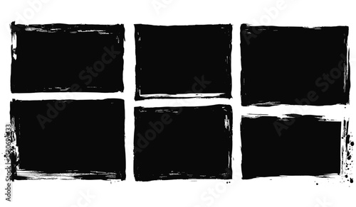 Black grunge vector illustration, rectangular and square text box frames, hand drawn rough texture brush strokes, ink splashes, dirty graffiti banner, urban art background.
