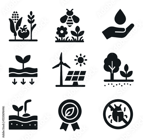 Sustainable Farming Icons. Solid, filled icons set of sustainable farming practices: crop diversity,