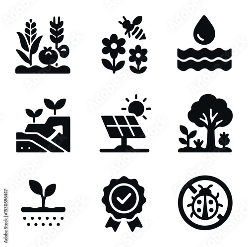 Sustainable Farming Icons. Solid, filled icons set of sustainable farming practices: crop diversity,