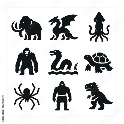 Giant Beasts Icons. Solid, filled icons set of giant beasts: mammoth, dragon, giant squid, titan gorilla, sea