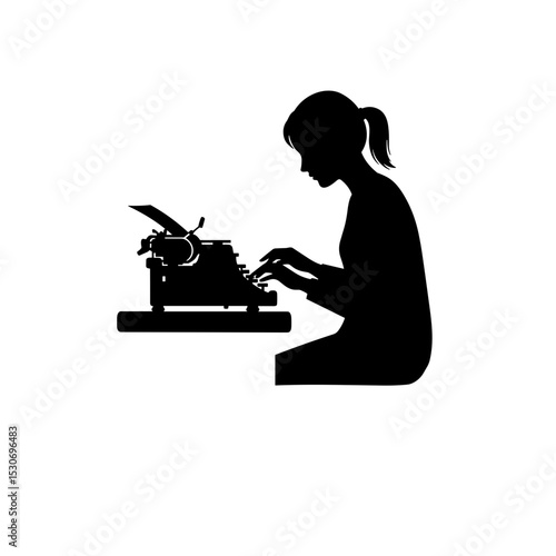 Woman typing on vintage typewriter in silhouette concept of Art and creativity  