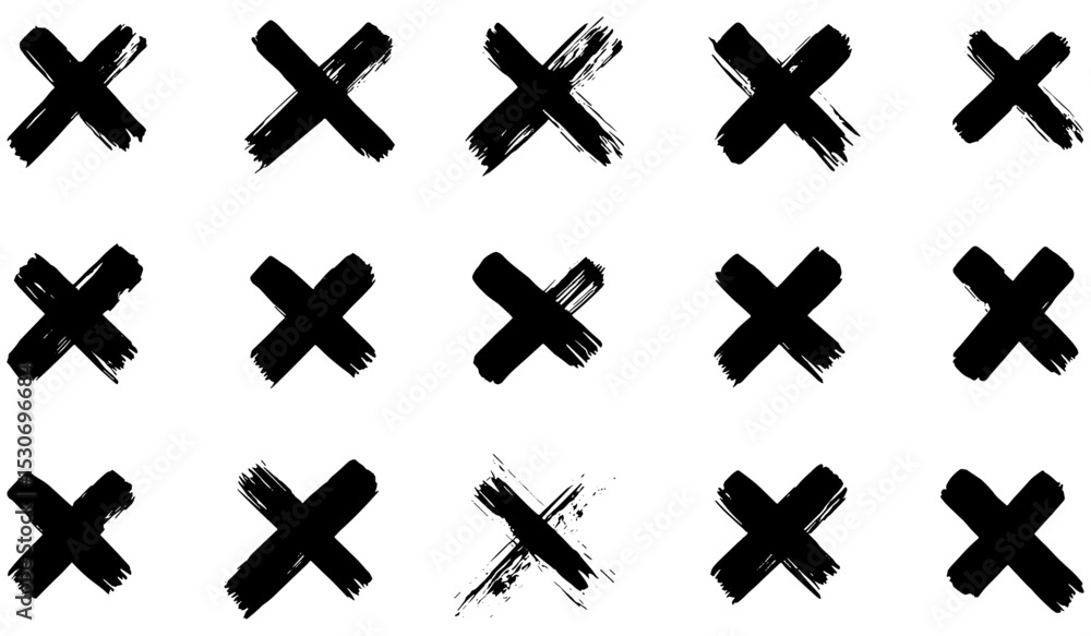 Black ink wrong signs, black paint brush stroke crosses, hand-painted wrong icons, abstract no button checkbox voting, disagree tick box symbols, vector illustration, graphic elements. Black ink wrong signs, black paint brush stroke crosses, hand-painted wrong icons, abstract no button checkbox voting, disagree tick box symbols, vector illustration, graphic elements.