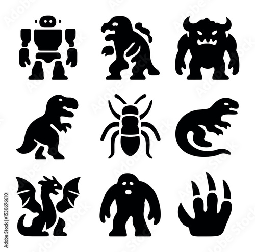 Giant Beasts Icons. Solid, filled icons set of giant beasts in movies and games: giant robot, kaiju, colossal