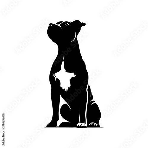 Noble pitbull dog sitting attentively with an uplifted gaze, rendered in a striking black and white silhouette with subtle highlights. Animal concept