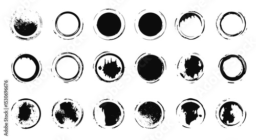 Vector coffee stain rings, black ink circular shapes kit, grungy rubber stamps, punk logo elements, emblem design, polka dot pattern, vector illustration, splash texture, messy print.