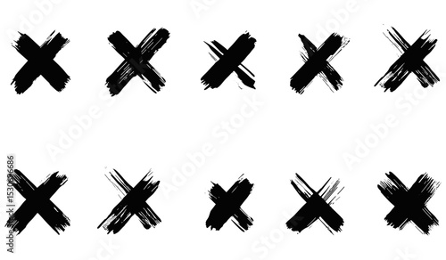 Hand-drawn wrong icons, black paint brush stroke crosses, no button for checkbox voting, disagree tick box symbols, black ink wrong signs, vector illustration, creative brush strokes.