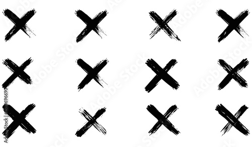 Black paint brush stroke crosses, hand-painted wrong icons, abstract no button checkbox voting, disagree tick box symbols, black ink wrong signs, vector illustration, artistic design elements.
