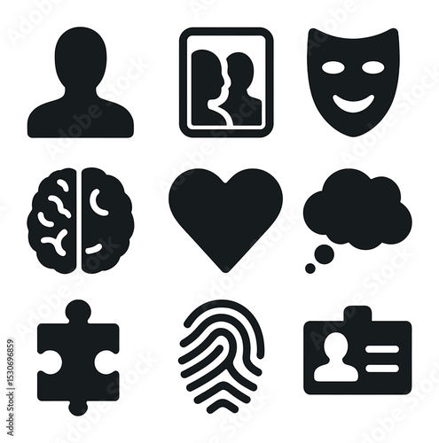 Ego and Identity Icons. Solid, filled icons set of ego and identity: human silhouette, mirror reflection, mask