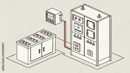 Isometric view of laboratory equipment including a control panel, a device with dials, and a cabinet with ports