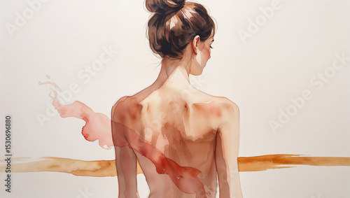 Artistic watercolor illustration of a woman?s back and abstract organic fluid forms