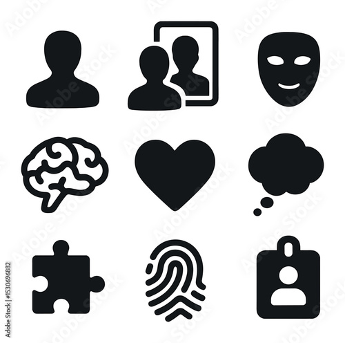 Ego and Identity Icons. Solid, filled icons set of ego and identity: human silhouette, mirror reflection, mask