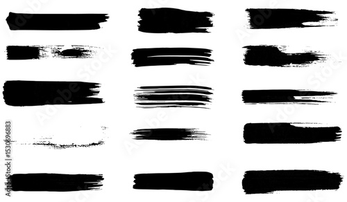 Grunge marker strokes, long black brush set, ink smear textures, rough hand-drawn lines, rectangular frame elements, dry edge pack, paint underlines, vector illustration.