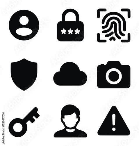 Digital Security Icons. Solid, filled icons set of digital identity and privacy: user profile, password lock,