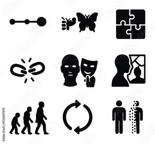Identity Icons Grid. Solid, filled icons set of identity formation and change: timeline, metamorphosis, puzzle