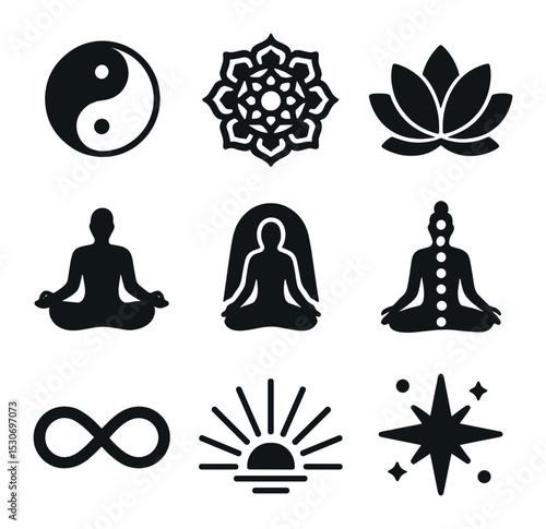 Spiritual Symbol Icons. Solid, filled icons set of philosophical and spiritual identity: yin yang, mandala,