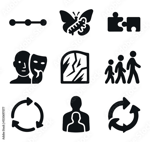 Transformation Icon Set. Solid, filled icons set of identity formation and change: timeline, metamorphosis,
